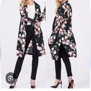 FRANK LYMAN Floral Longline Black Knit Cardigan Sweater
